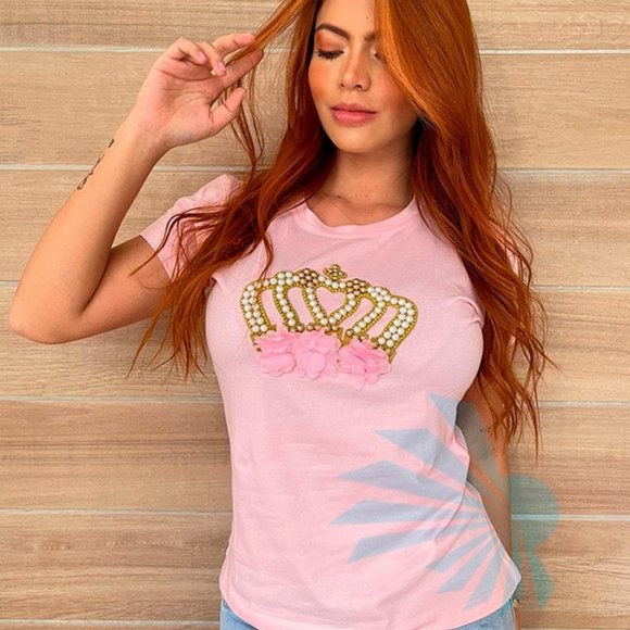 QUEEN Crown Rhinestone/Pearls HANDMADE, Ladies Tee, Bling T-Shirt, RED - Picture 6 of 6